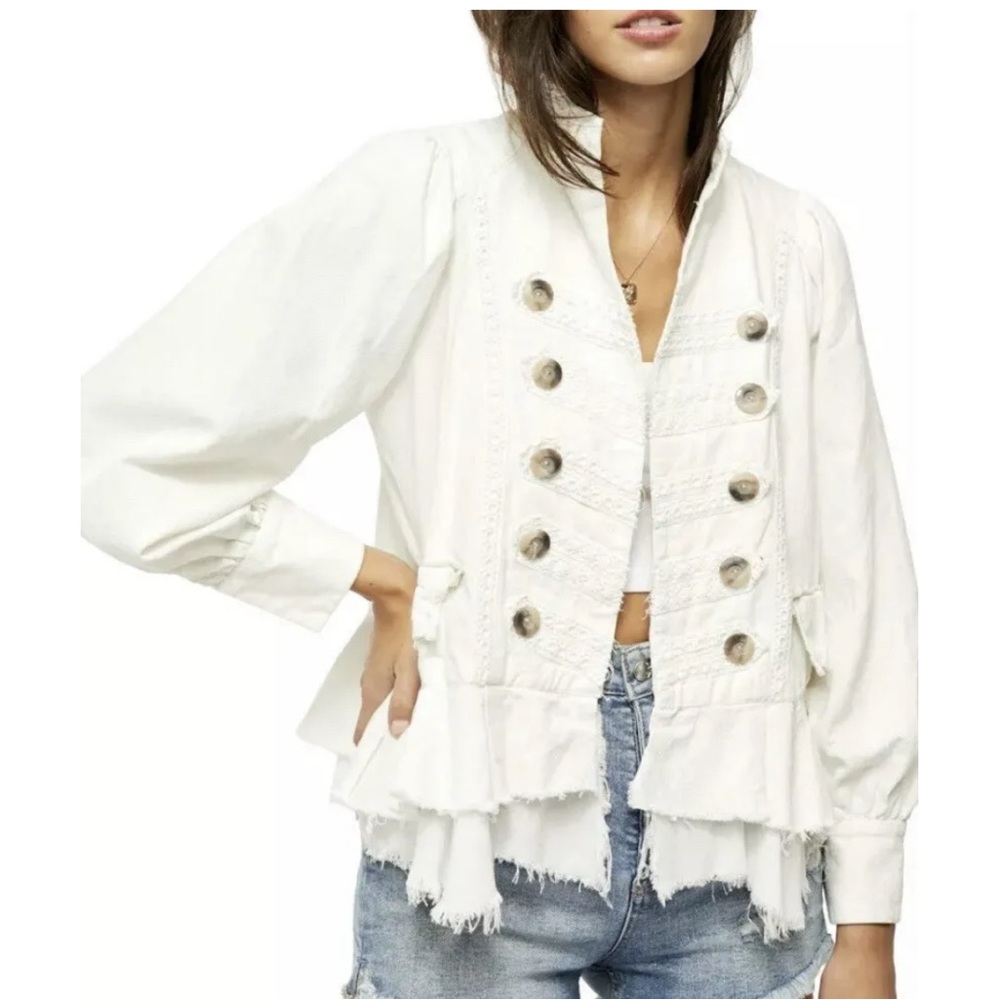 Free people linen Jacket raw hem Ivory/ Cream Military style Size Small